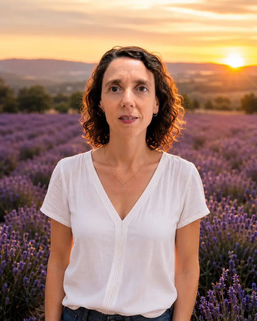 La Vero en un camp de lavanda al capvespre.