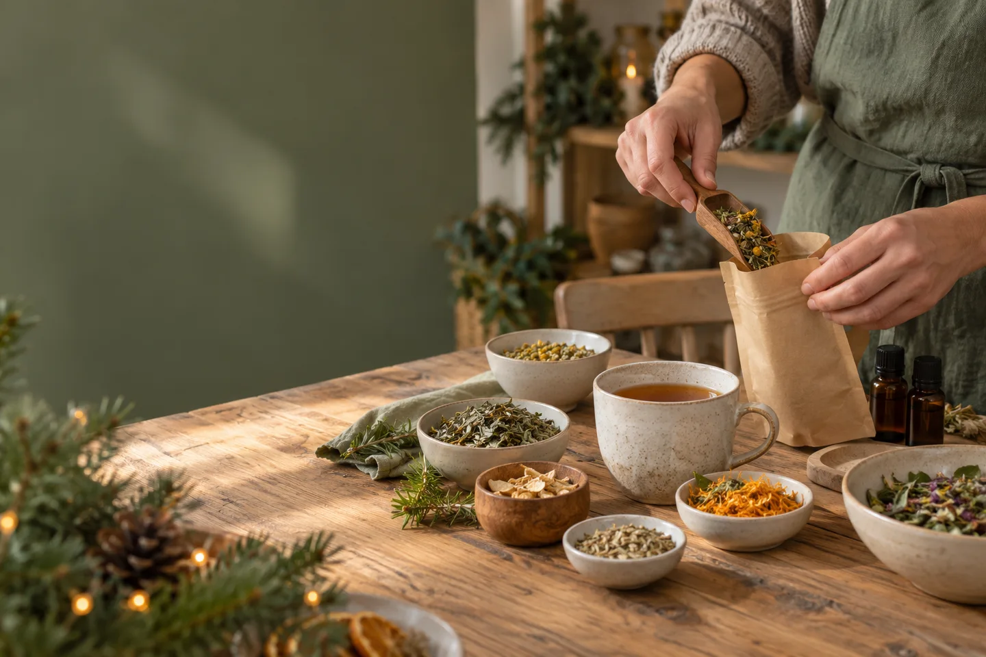 Escena il·lustrativa: preparació d’una barreja de plantes per a infusió