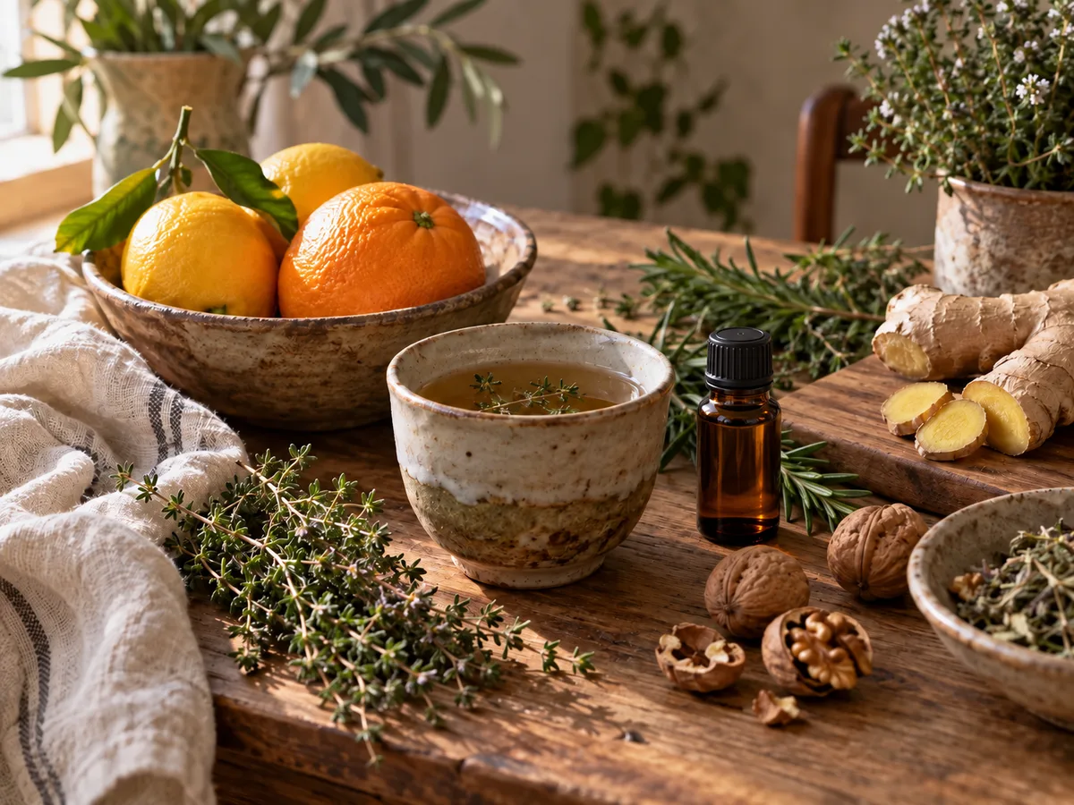 Frasc d’oli essencial sense etiqueta, infusió, cítrics, nous i plantes aromàtiques