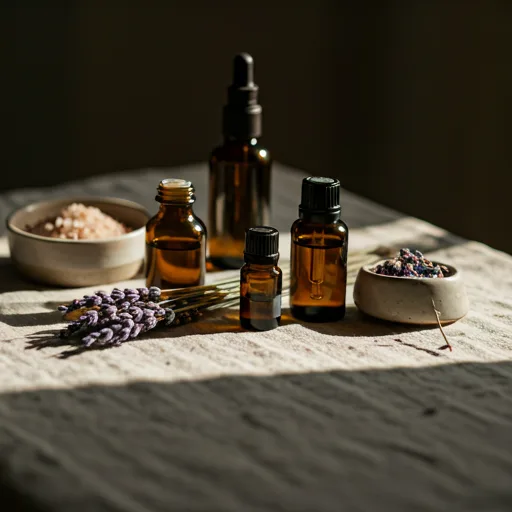 Flascons d’olis essencials de vidre ambre i plantes aromàtiques