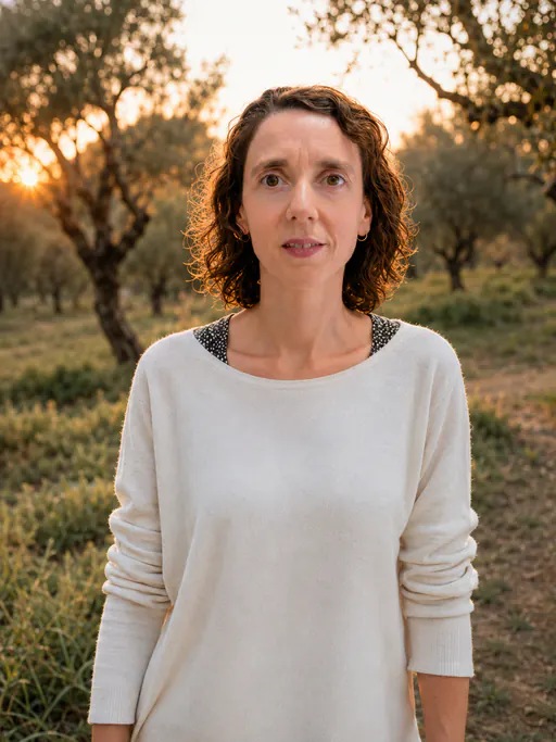 La Vero en un camp d'oliveres al capvespre.